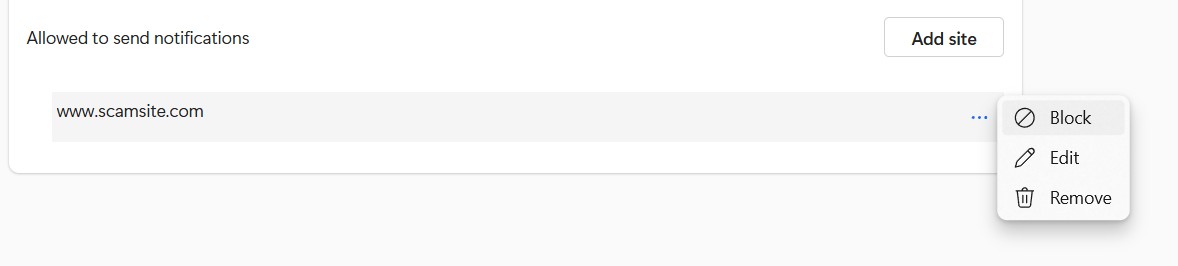 Allowed sites Microsoft edge notifications